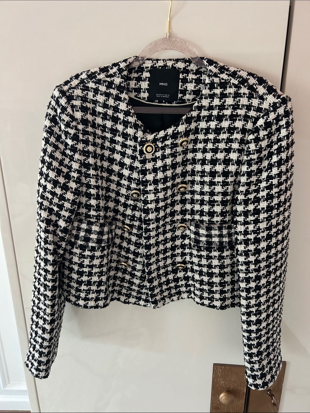 Mango Black & White Houndstooth Cropped Tweed Blazer